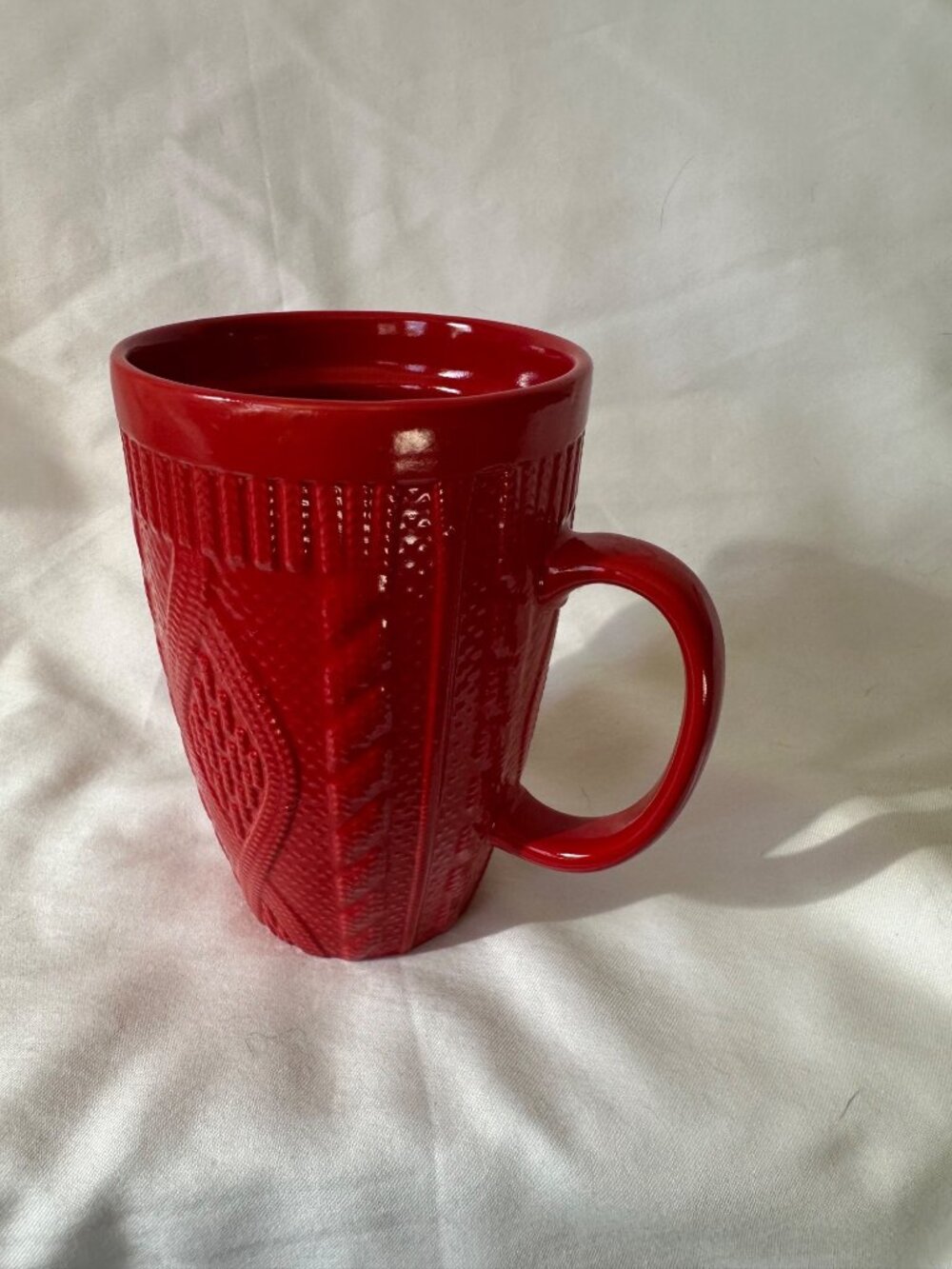 Red Cable Knit Sweater Mug 5" Tall Cozy Christmas Holiday Coffee Tea Cup